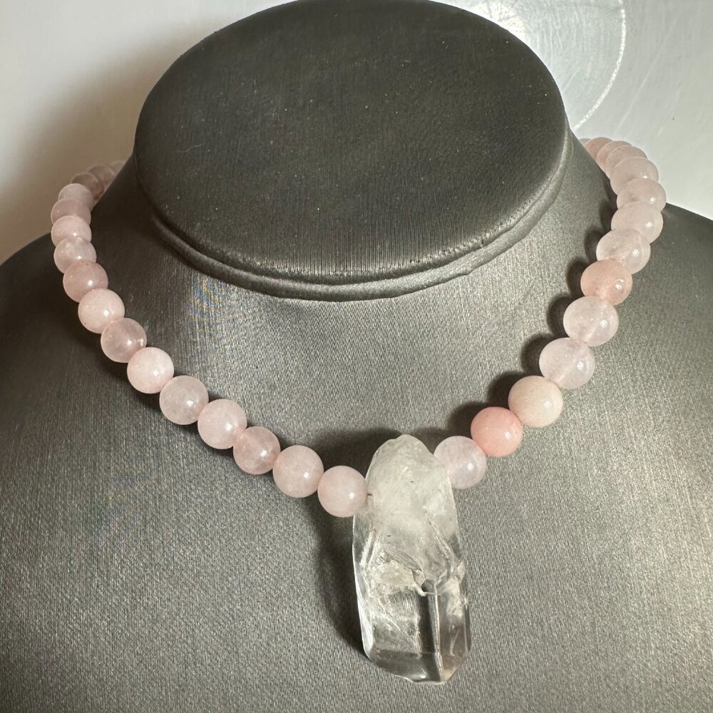 Clear Crystal Quartz Rose Quartz Pendant Necklace Handmade Silver Choker Gift - Picture 9 of 10